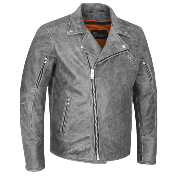 high mileage mens beltless dual conceal carry distressed gray premium cowhide leather biker motorcycle jacket