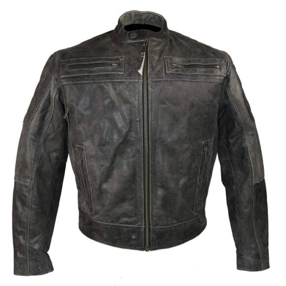 mens distressed gray premium cowhide vented and padded biker scooter jacket