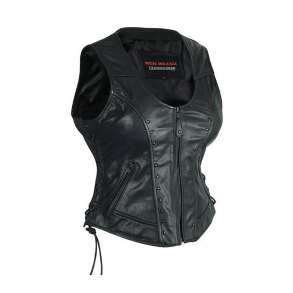 high mileage womens lady biker leather vest | studs