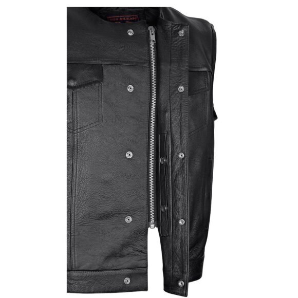 mens black leather club style vest | quick access ccw pockets