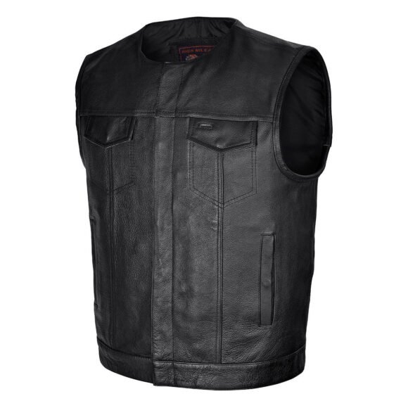 mens black leather club style vest | quick access ccw pockets