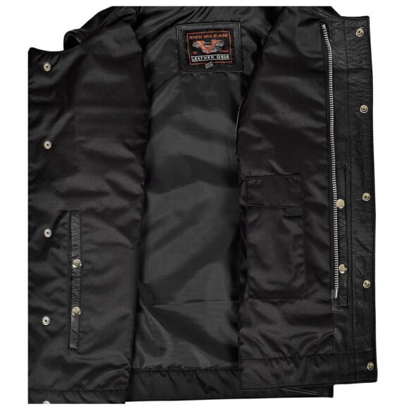 mens black leather club style vest | quick access ccw pockets