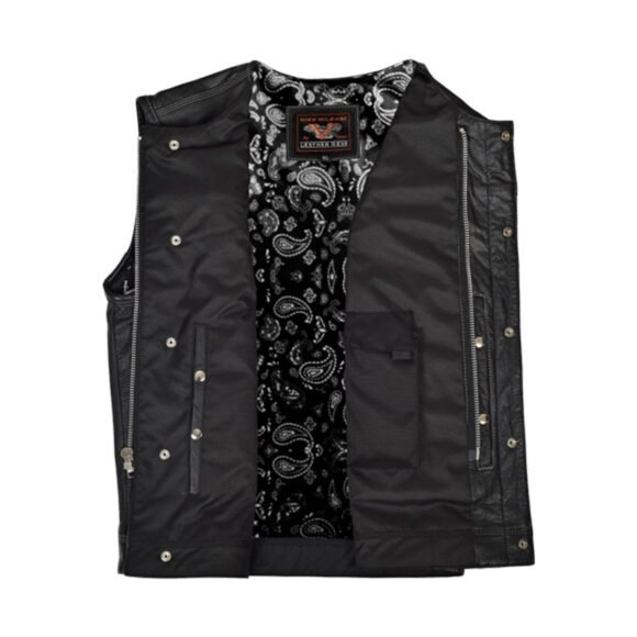high mileage mens black cowhide leather club style vest | ccw pockets
