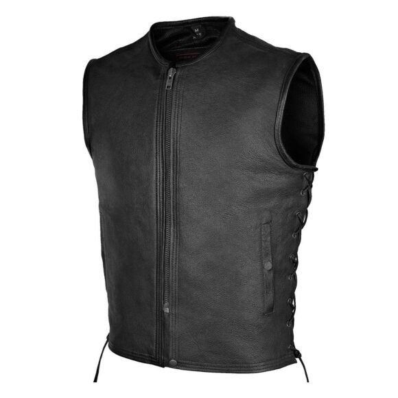 mens black premium cowhide biker vest | front zipper