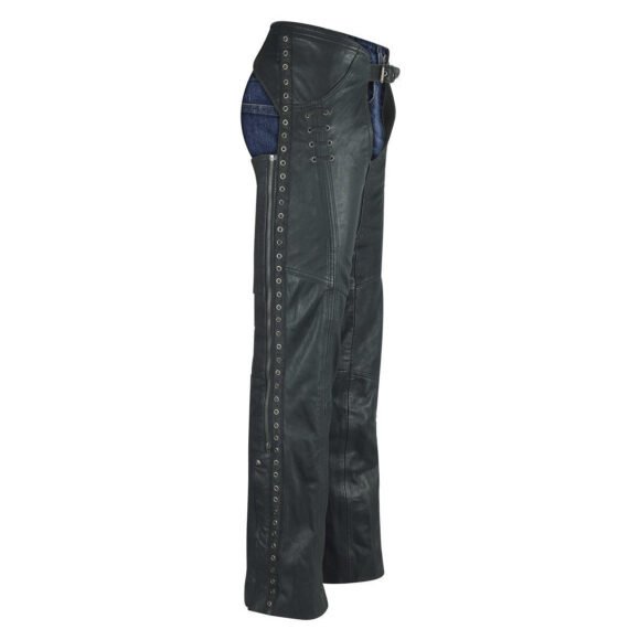high mileage womens black goatskin lady leather chaps | grommeted twill | lace