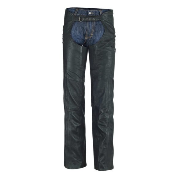 high mileage womens black goatskin lady leather chaps | grommeted twill | lace