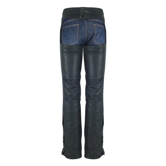 high mileage womens black goatskin lady leather chaps | grommeted twill | lace