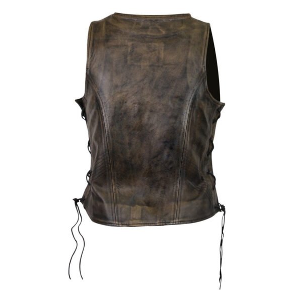 high mileage womens vintage brown leather vest | lace | side zipper pocket