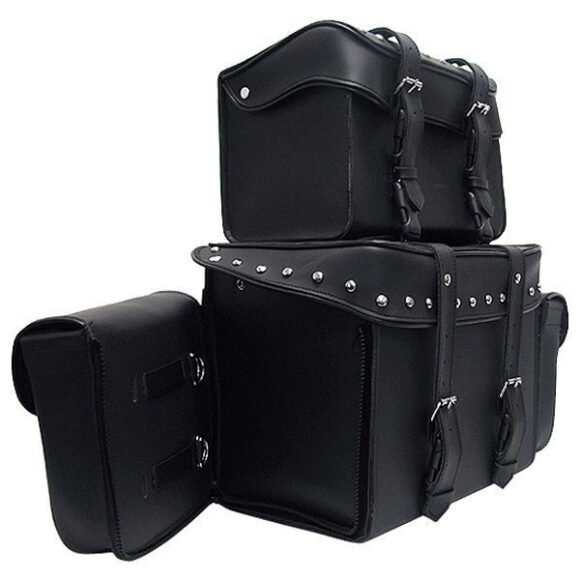 vance vs339 black studded 4 piece motorcycle travel luggage sissy bar bag