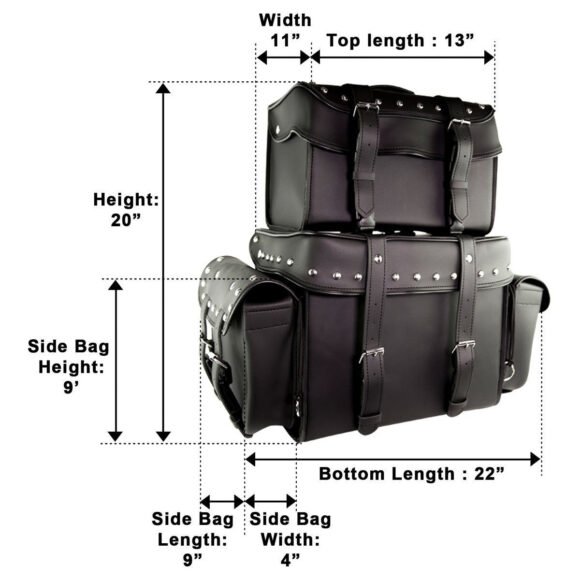 vance vs339 black studded 4 piece motorcycle travel luggage sissy bar bag