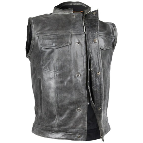 mens gray distressed leather biker club vest
