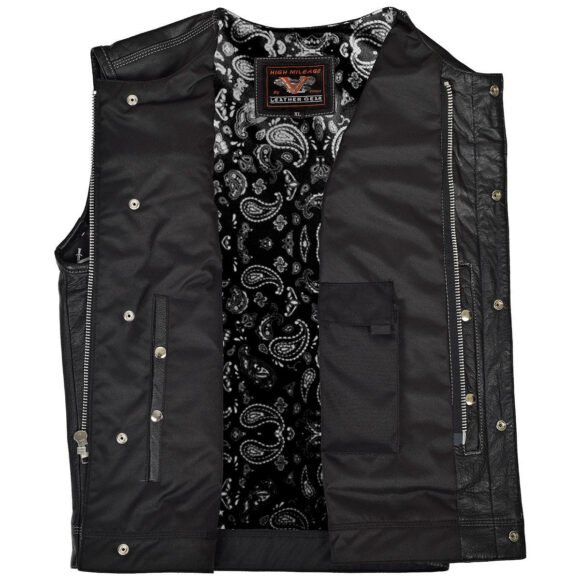 vance mens black leather biker vest | quick access conceal carry | paisley liner
