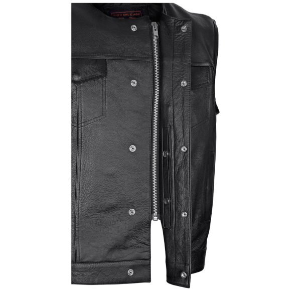 vance mens black leather biker vest | quick access conceal carry | paisley liner