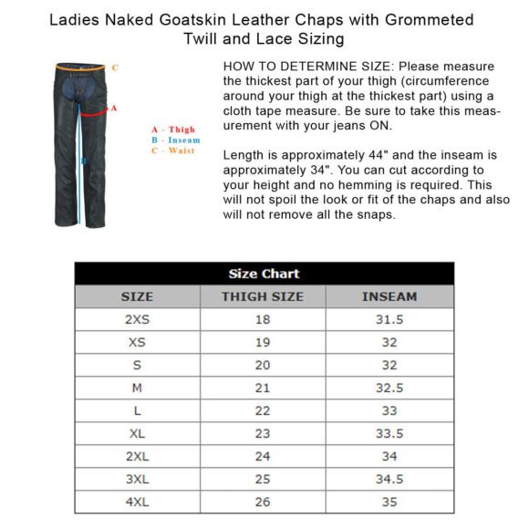 high mileage womens black goatskin lady leather chaps | grommeted twill | lace