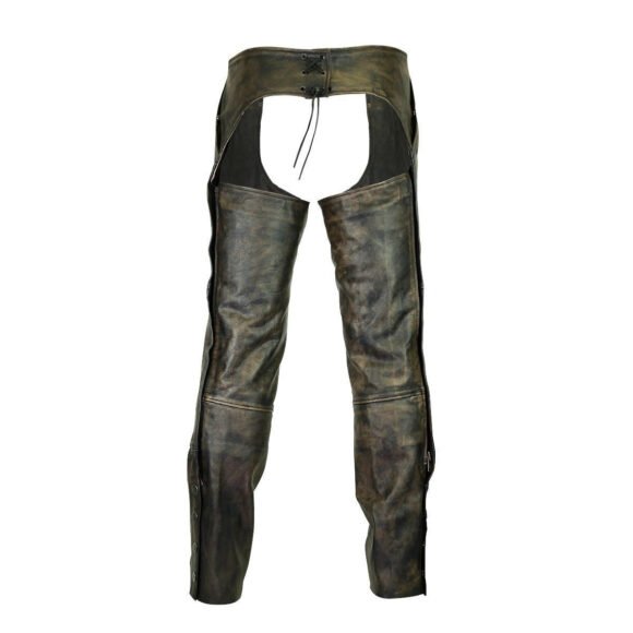 high mileage premium cowhide vintage distressed brown jean style leather motorcycle chaps unisex