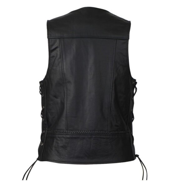 mens black straight bottom leather vest | buffalo nickel snaps