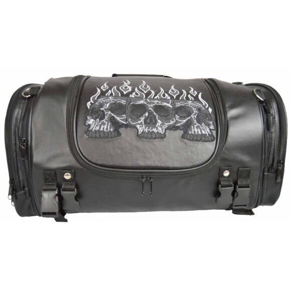 vance vs366 black embroidered reflective skull design motorcycle luggage travel sissy bar roll trunk bag