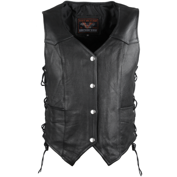 high mileage womens black cowhide vest | side lace
