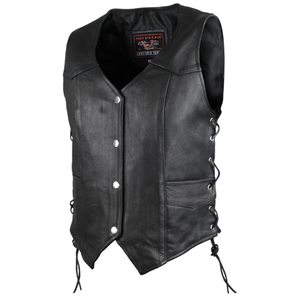 high mileage womens black cowhide vest | side lace
