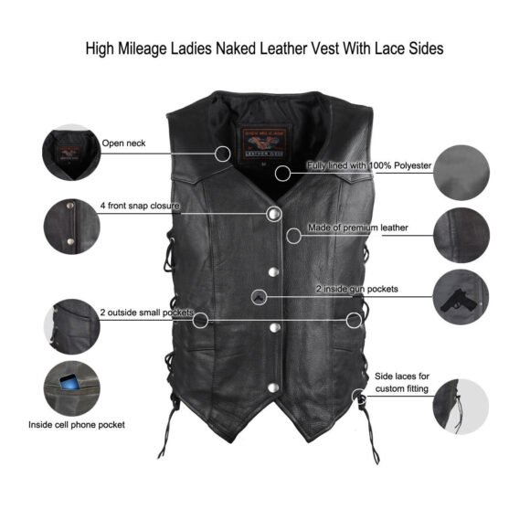 high mileage womens black cowhide vest | side lace