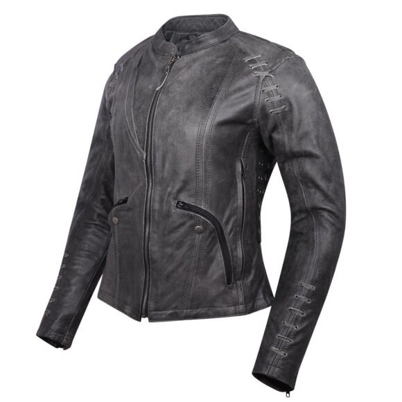 high mileage womens gray distressed goat skin leather jacket | lace | studs | fashion jacket