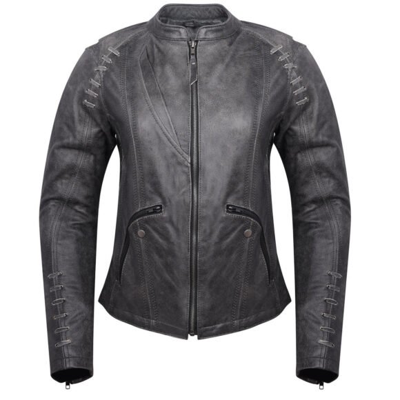 high mileage womens gray distressed goat skin leather jacket | lace | studs | fashion jacket