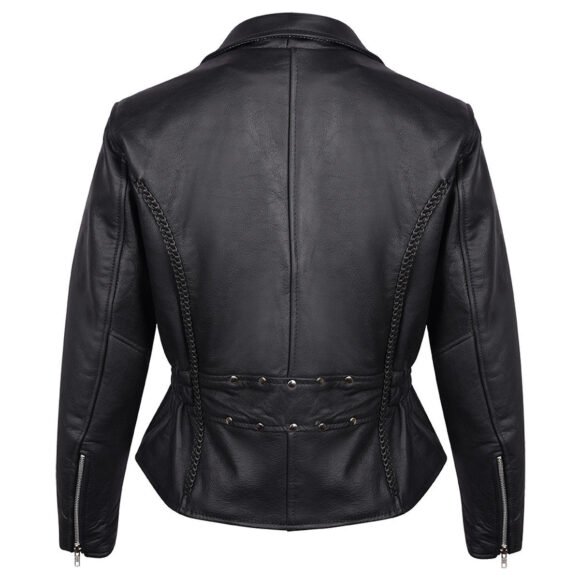 womens black leather braided | studded riding jacket