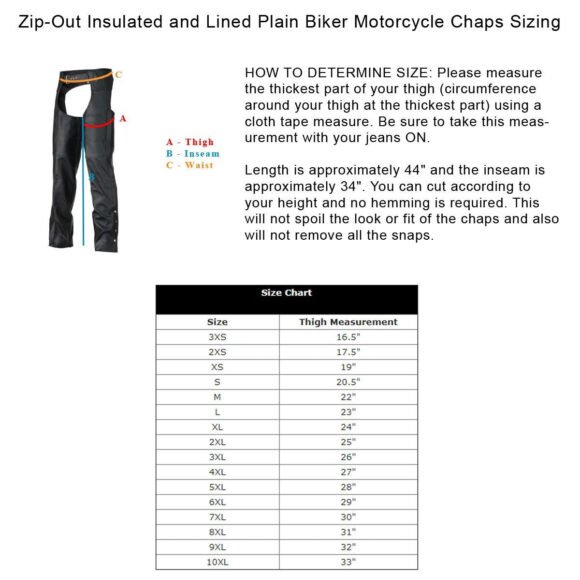 vance leather unisex black zip out insulated thermal liner biker leather motorcycle chaps