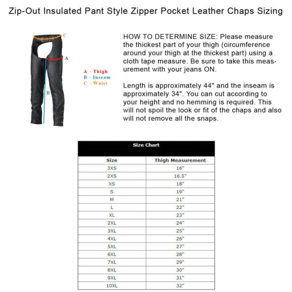 vance leather unisex black zipout insulated thermal lined zipper pocket biker motorcycle leather chaps
