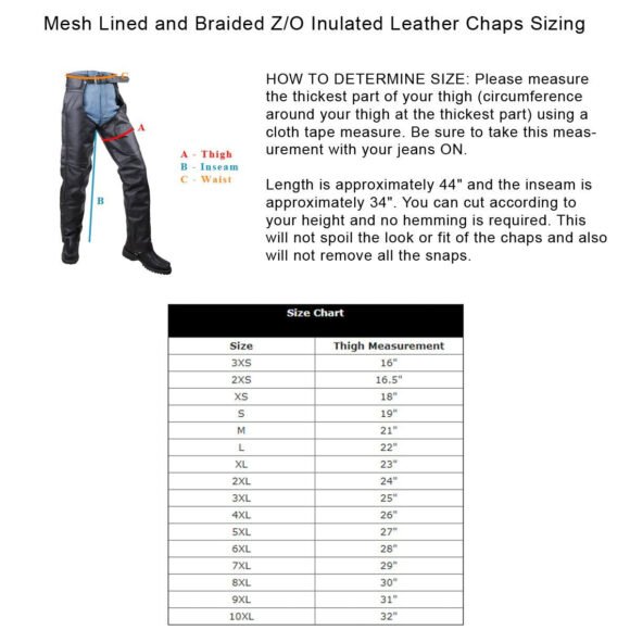 vance leather unisex all season black zip out insulated thermal liner braided biker leather motorcycle chaps
