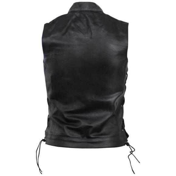 vance mens black leather biker club vest | side laces
