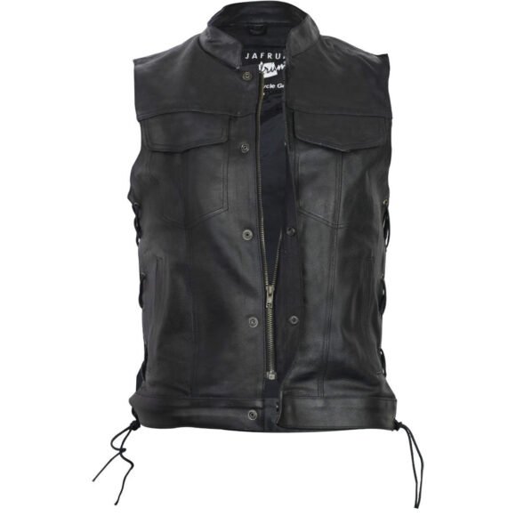 vance mens black leather biker club vest | side laces