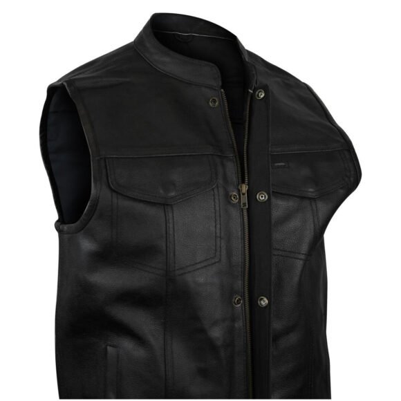 vance mens black leather biker club vest | side laces