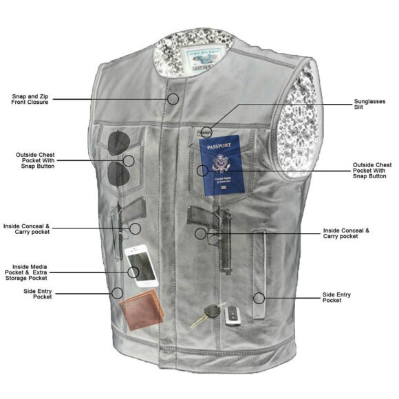 vance mens black leather biker vest | quick access conceal carry | paisley liner