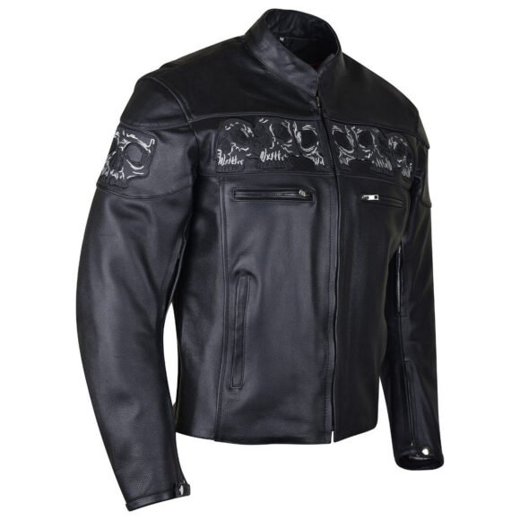 vance vl535s men's black reflective skull leather biker motorcycle riding jacket