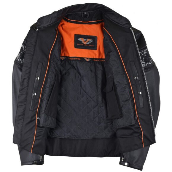 vance vl535s men's black reflective skull leather biker motorcycle riding jacket