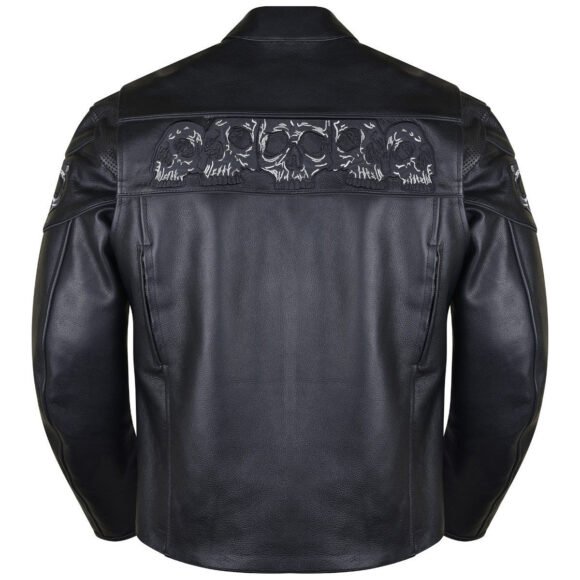 vance vl535s men's black reflective skull leather biker motorcycle riding jacket
