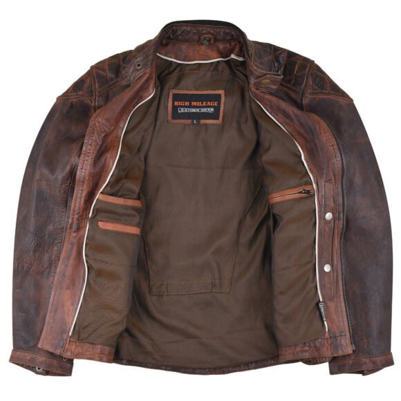 mens vintage brown premium cowhide diamond quilted shoulder leather biker motorcycle riding jacket