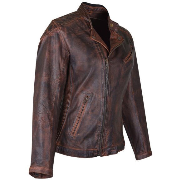 high mileage womens antiqye brown leather riding jacket | diamond stitched shoulders