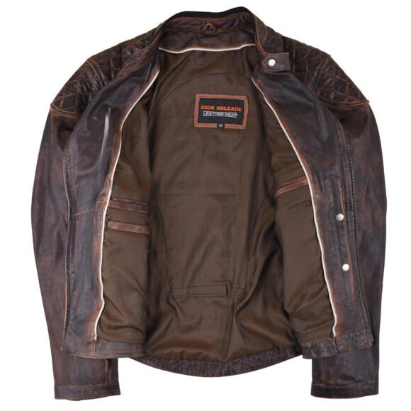 high mileage womens antiqye brown leather riding jacket | diamond stitched shoulders