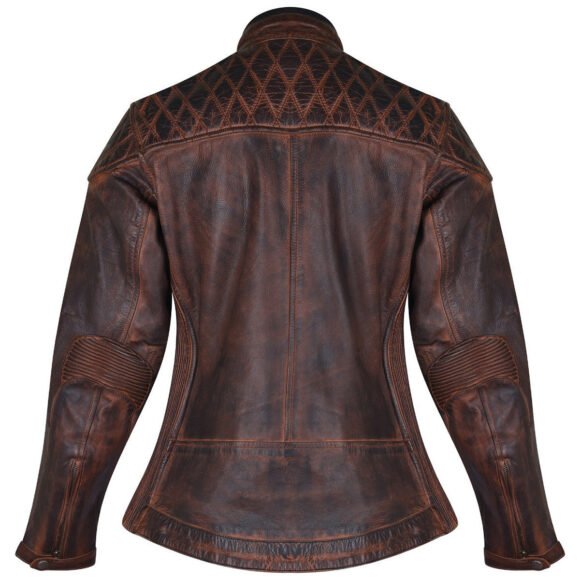 high mileage womens antiqye brown leather riding jacket | diamond stitched shoulders