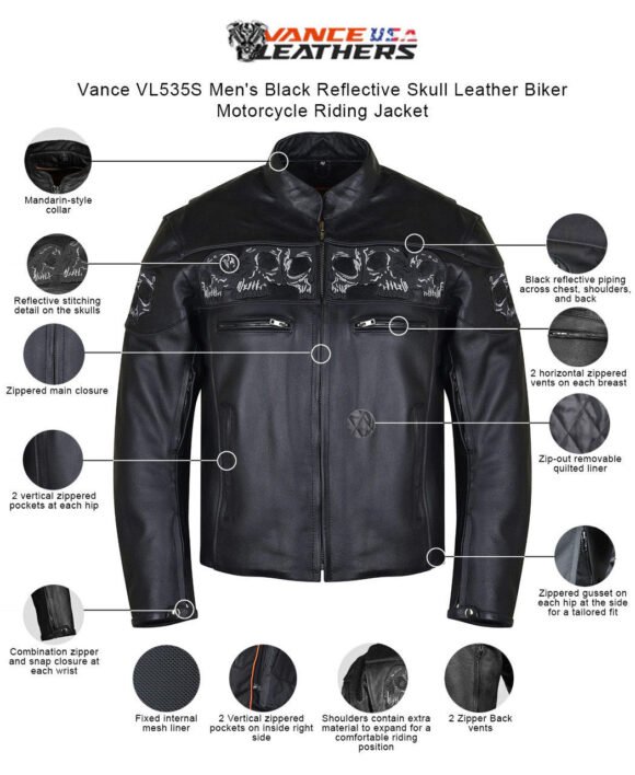 vance vl535s men's black reflective skull leather biker motorcycle riding jacket