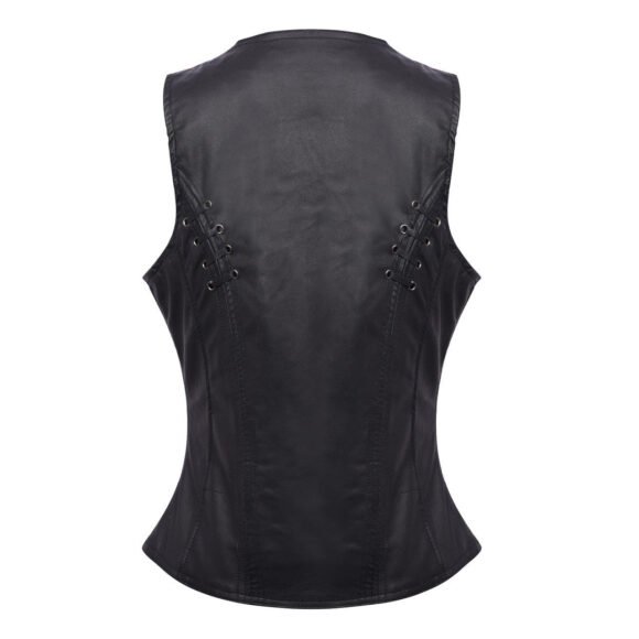 high mileage womens black soft goatskin vest | twill lace | grommet highlights