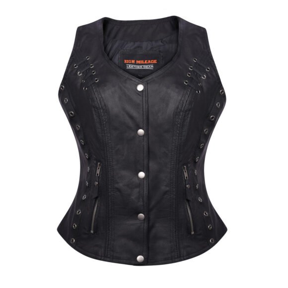 high mileage womens black soft goatskin vest | twill lace | grommet highlights