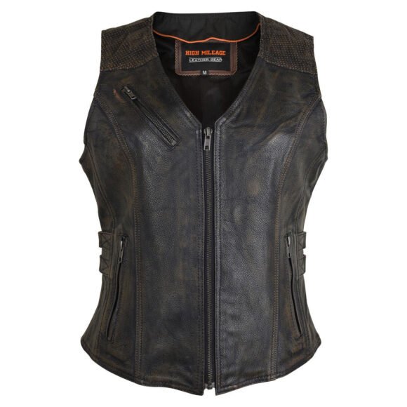 high mileage womens distressed brown leather vest | buckles
