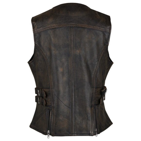 high mileage womens distressed brown leather vest | buckles