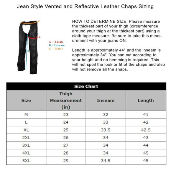 vance leather mens black reflective and vented premium cowhide leather biker motorcycle riding chaps