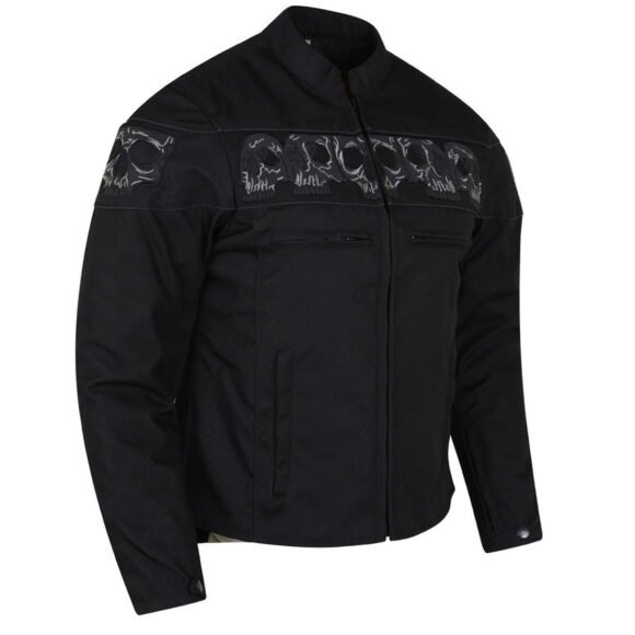 high mileage men's concealed carry black reflective skulls textile motorcycle jacket