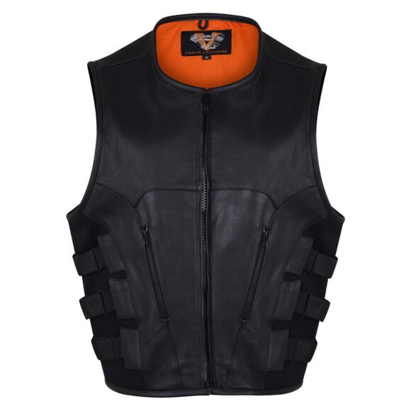 mens black swat style leather motorcycle vest