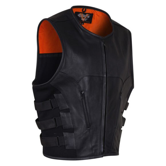 mens black swat style leather motorcycle vest